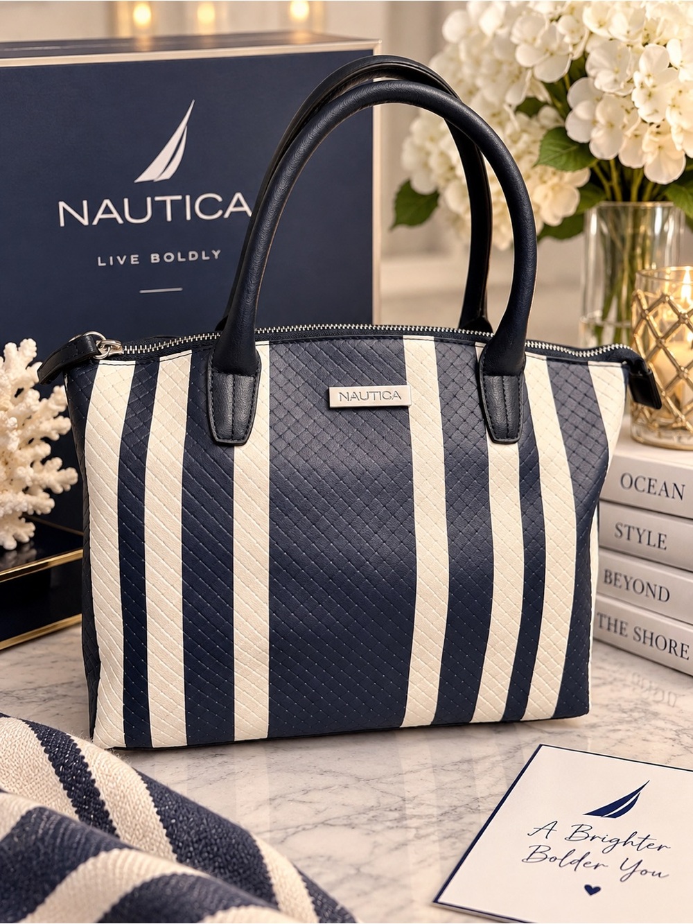 Nautica Navy and White Striped Top-Handle Tote
